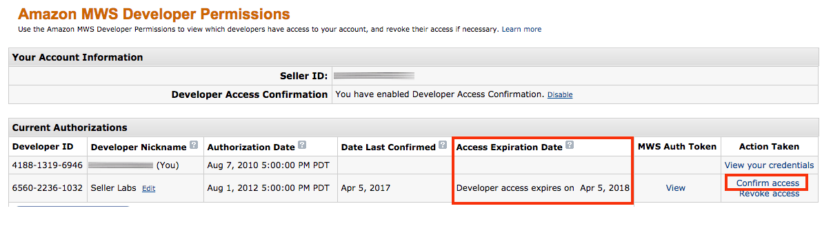 MWS Developer Access Confirmation Enabled