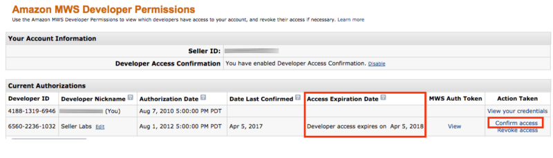 MWS Developer Access Confirmation Enabled
