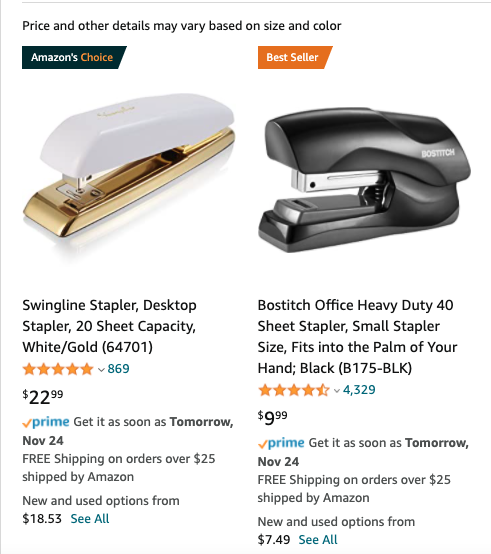Amazons Choice logo on the decorative stapler and Best Seller logo on the best selling stapler