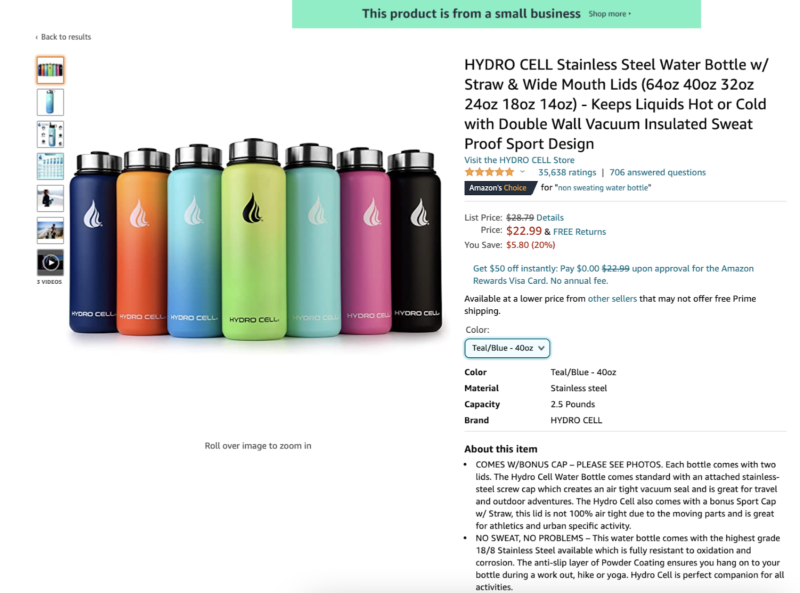 amazon detail page for top ranking water bottle