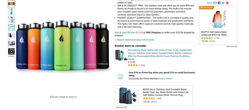 amazon detail page for water bottle result with ads