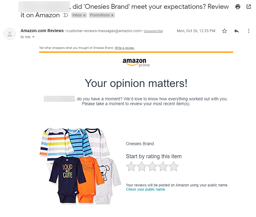 An example of a product review request email sent by Amazon