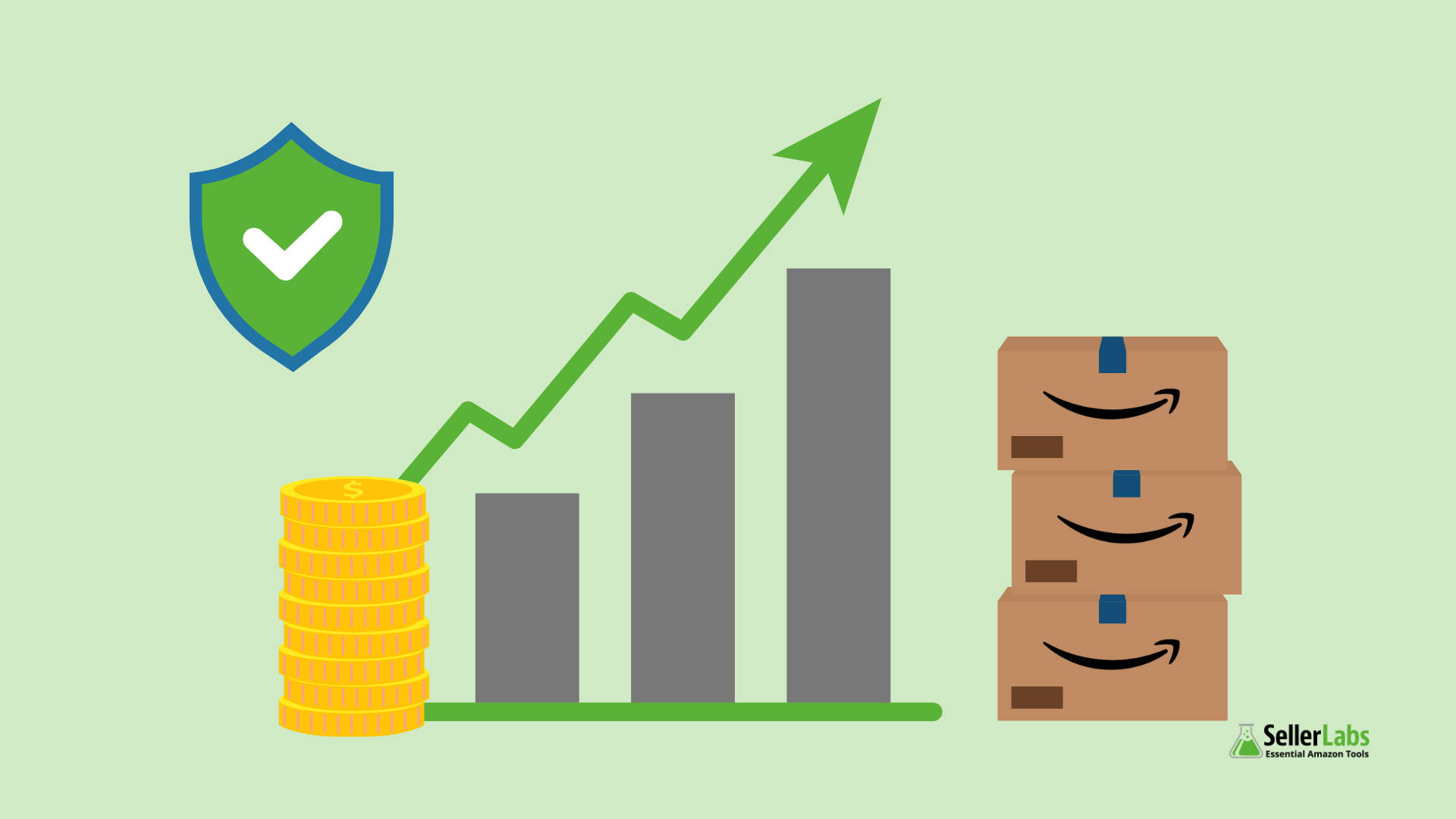 Illustration showing profitable Amazon pricing strategy with stacked coins, upward trend, and Amazon packages