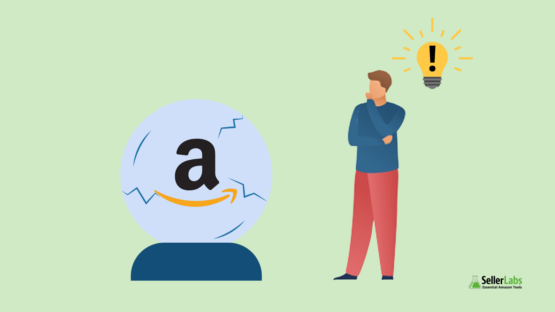 Amazon seller rethinking strategy as a cracked crystal ball reveals myths, with lightbulb moment symbolizing new insights.