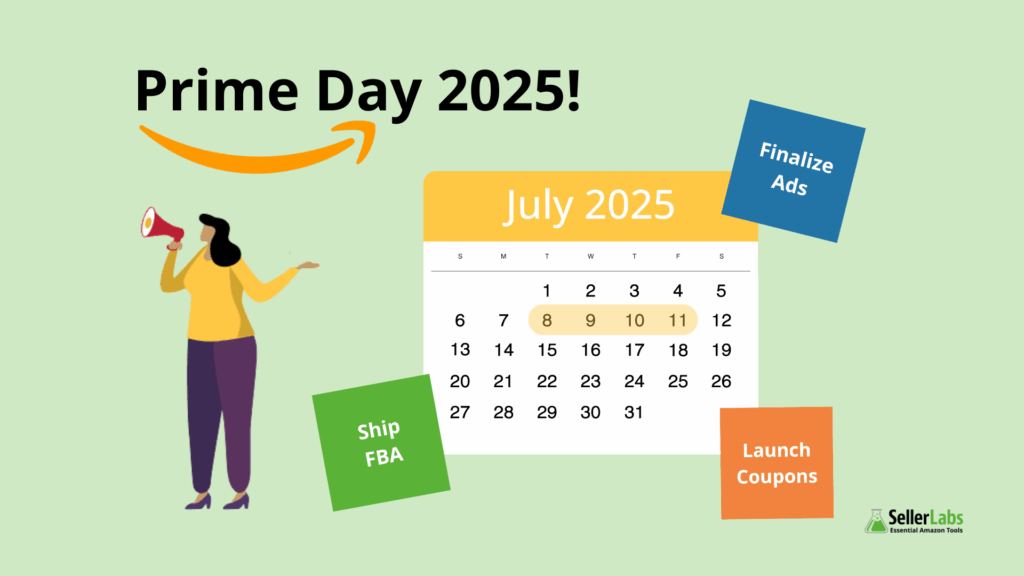 Calendar with July 8–11, 2025 highlighted for Amazon Prime Day, surrounded by sticky notes reading Finalize Ads, Ship FBA, and Launch Coupons, with a seller holding a megaphone.