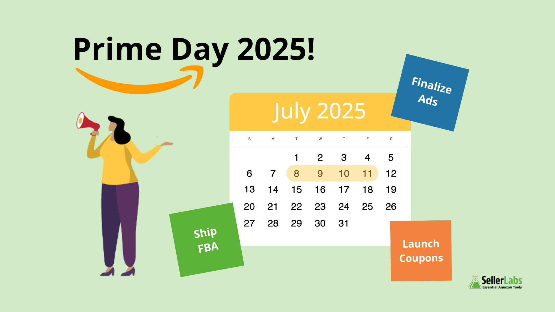 Calendar with July 8–11, 2025 highlighted for Amazon Prime Day, surrounded by sticky notes reading Finalize Ads, Ship FBA, and Launch Coupons, with a seller holding a megaphone.