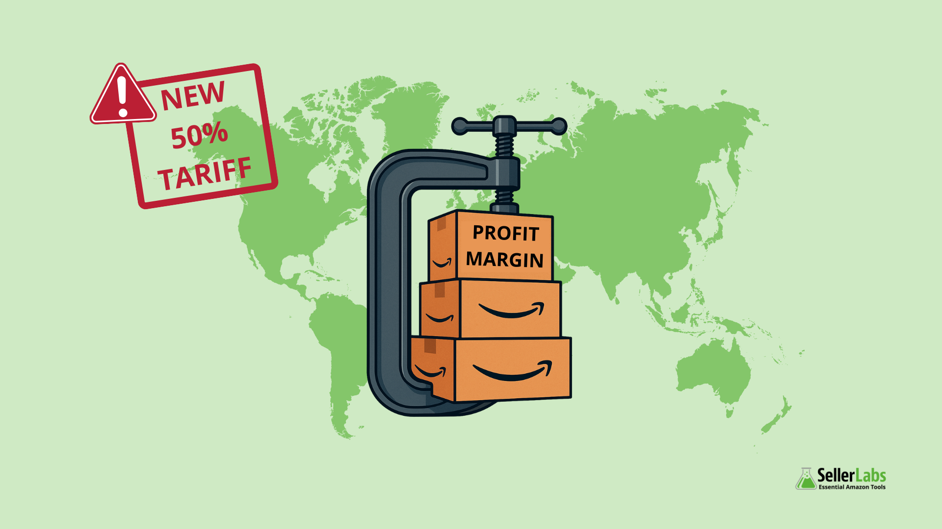 Amazon profit margin squeezed by 50% steel and aluminum tariffs, illustrated by boxes under a clamp with global sourcing map and warning icon.