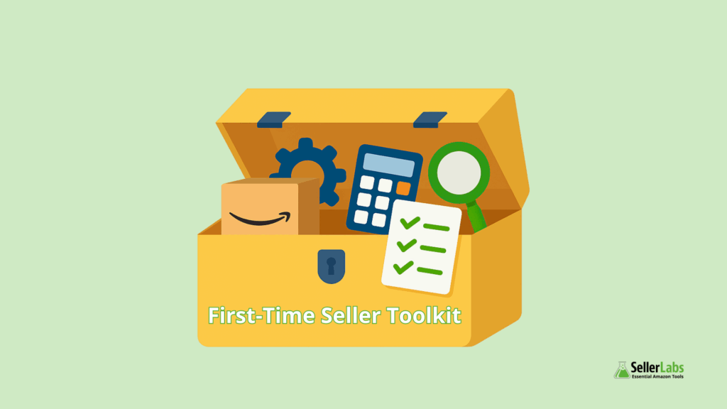 A toolbox labeled "First-Time Seller Toolkit" filled with Amazon seller essentials—shipping box, calculator, checklist, gear, and magnifying glass—representing how to sell on Amazon in 2025 with the right tools.