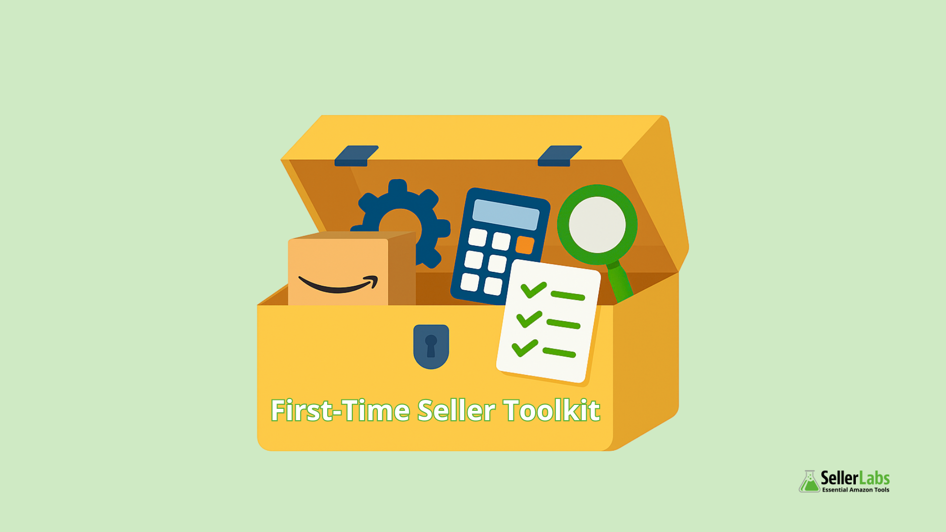 A toolbox labeled "First-Time Seller Toolkit" filled with Amazon seller essentials—shipping box, calculator, checklist, gear, and magnifying glass—representing how to sell on Amazon in 2025 with the right tools.