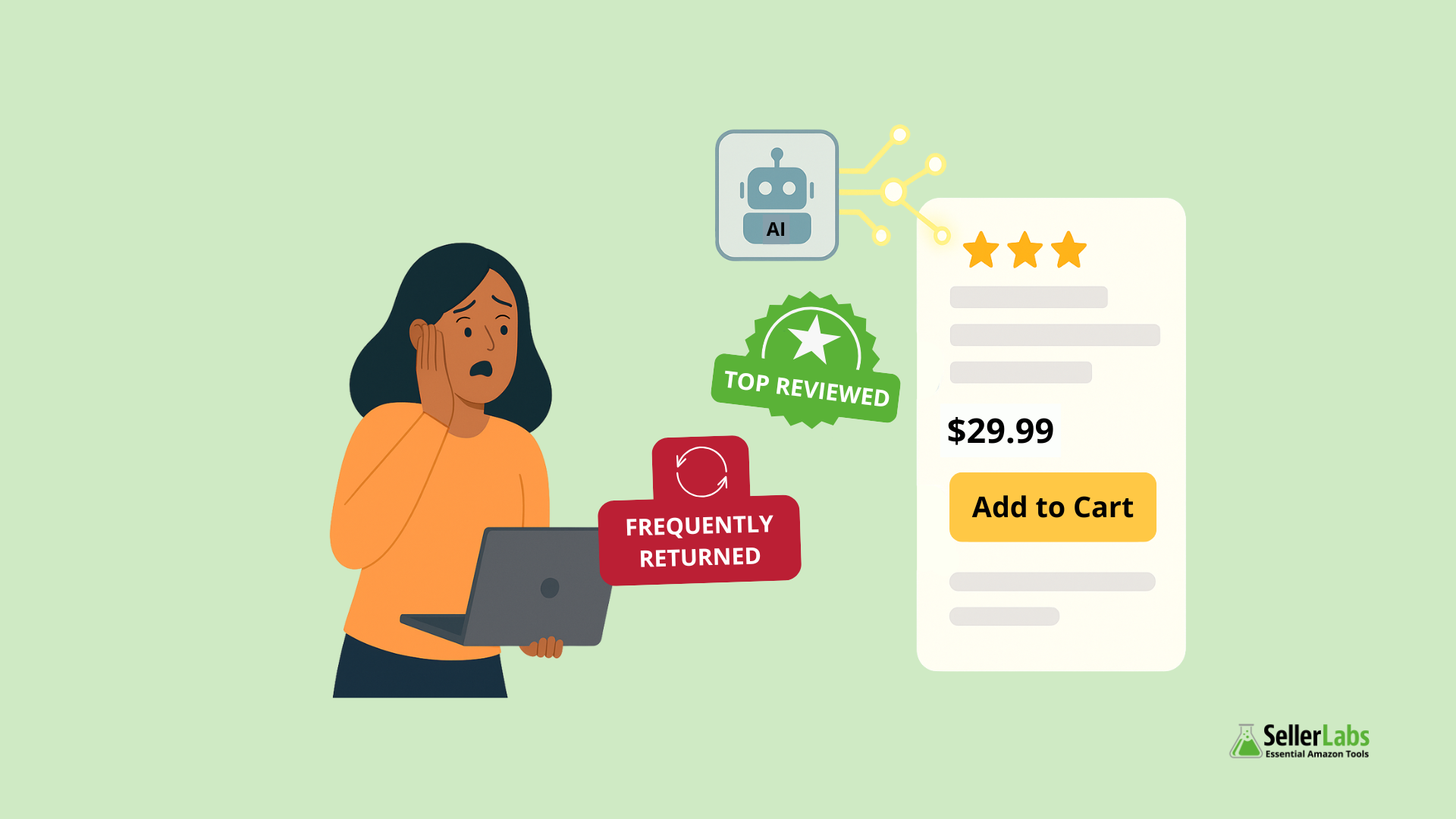 Amazon seller reacting to AI-generated badges like “Frequently Returned” and “Top Reviewed” being applied to a product listing.