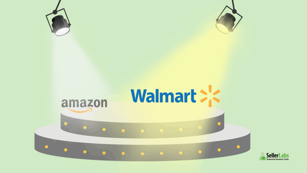 A stage showing Walmart in the spotlight and raised above Amazon, symbolizing Walmart Marketplace’s growth surge in 2025