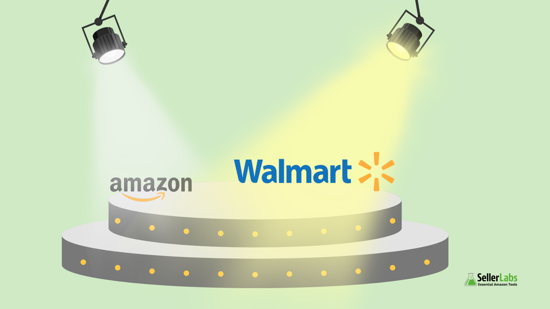 A stage showing Walmart in the spotlight and raised above Amazon, symbolizing Walmart Marketplace’s growth surge in 2025