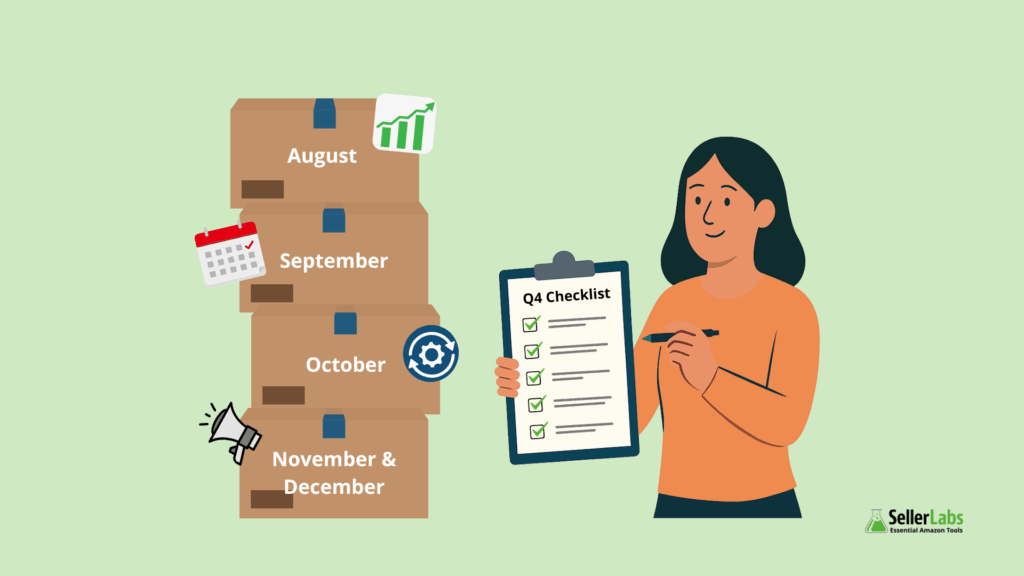 Seller holding an Amazon Q4 2025 prep checklist next to a stack of labeled boxes for August through December, each marked with prep icons for forecasting, scheduling, optimizing, and promoting