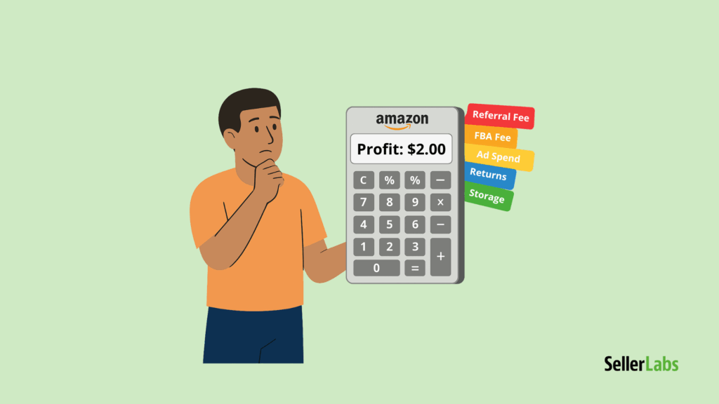 Amazon seller reviewing a calculator that shows 'Profit: $2.00,' with labeled tabs for Referral Fee, FBA Fee, Ad Spend, Returns, and Storage popping out, highlighting hidden costs.