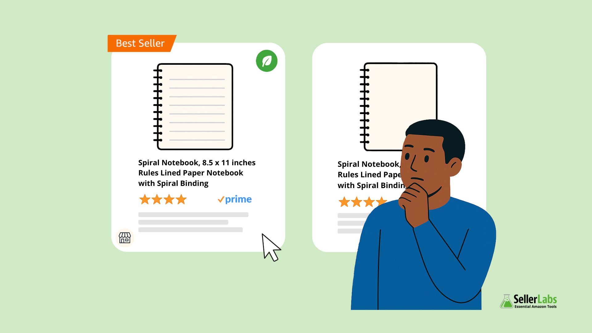 Amazon shopper compares two listings, choosing a product with badges like Best Seller, Prime and small business over the one without Amazon Badges in 2025