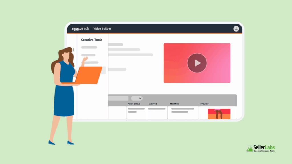 Amazon seller presenting the Amazon Video Builder dashboard on screen, pointing out creative tools and video preview features.