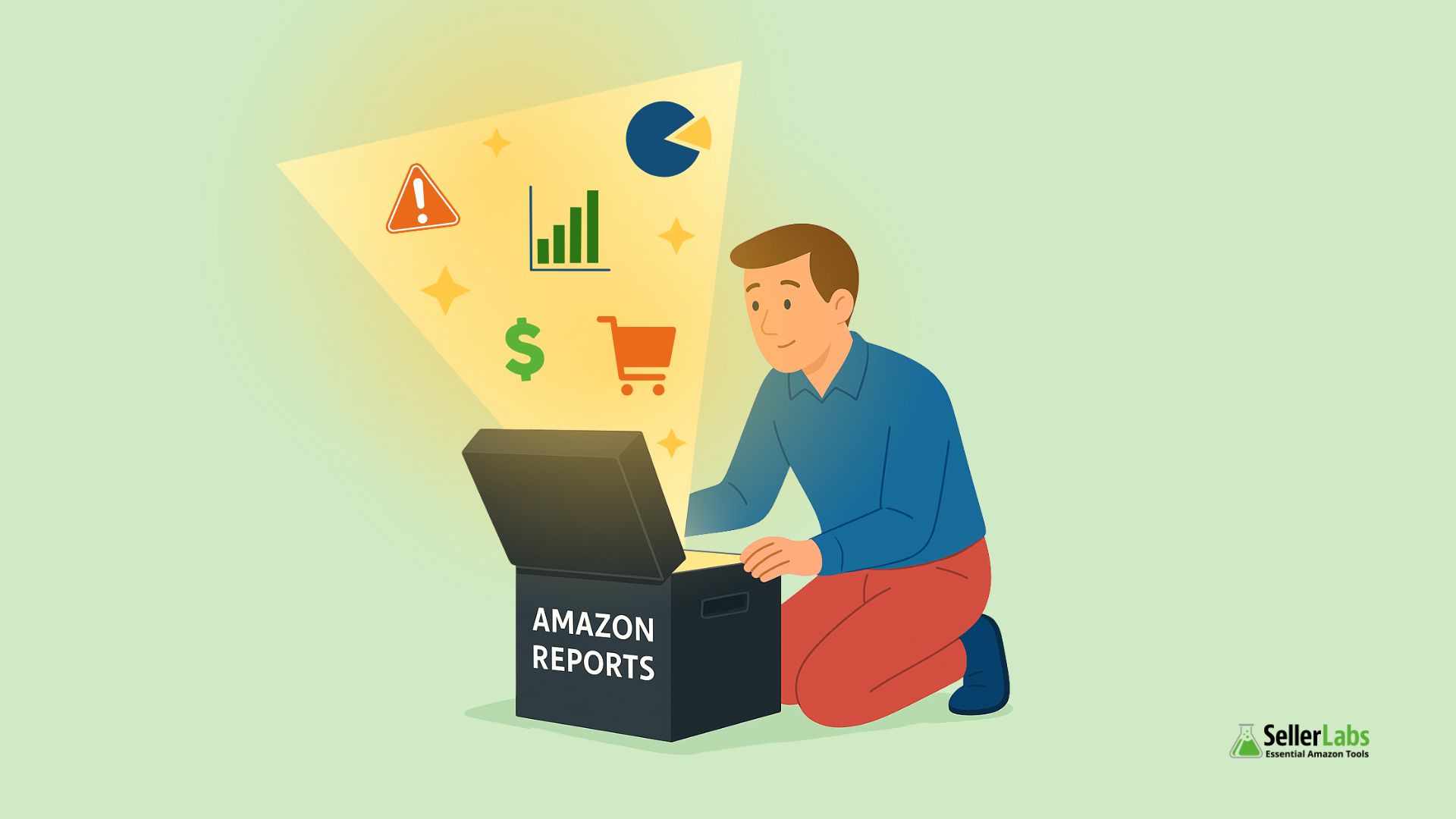 Amazon seller opening a black box labeled 'Amazon Reports' with icons for profit, warnings, inventory, and performance insights glowing from inside
