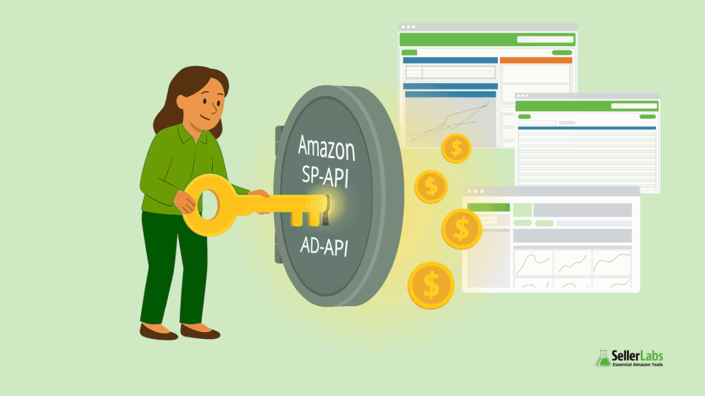 Amazon seller unlocking a vault labeled SP-API and AD-API with a golden key, releasing data dashboards and coins to represent business insights and automation.