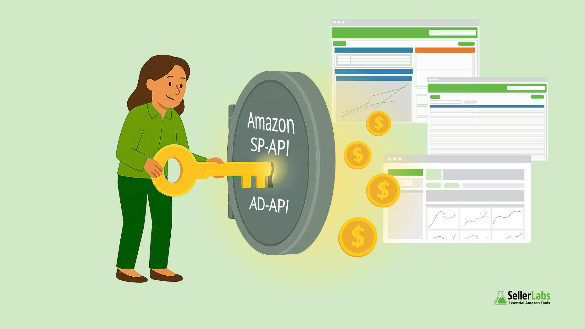 Amazon seller unlocking a vault labeled SP-API and AD-API with a golden key, releasing data dashboards and coins to represent business insights and automation.