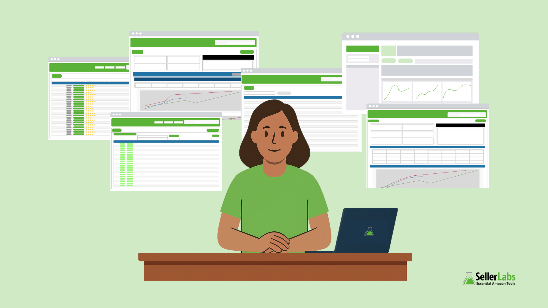 Amazon seller at desk using Seller Labs tools with dashboards for ads, reviews, and profits