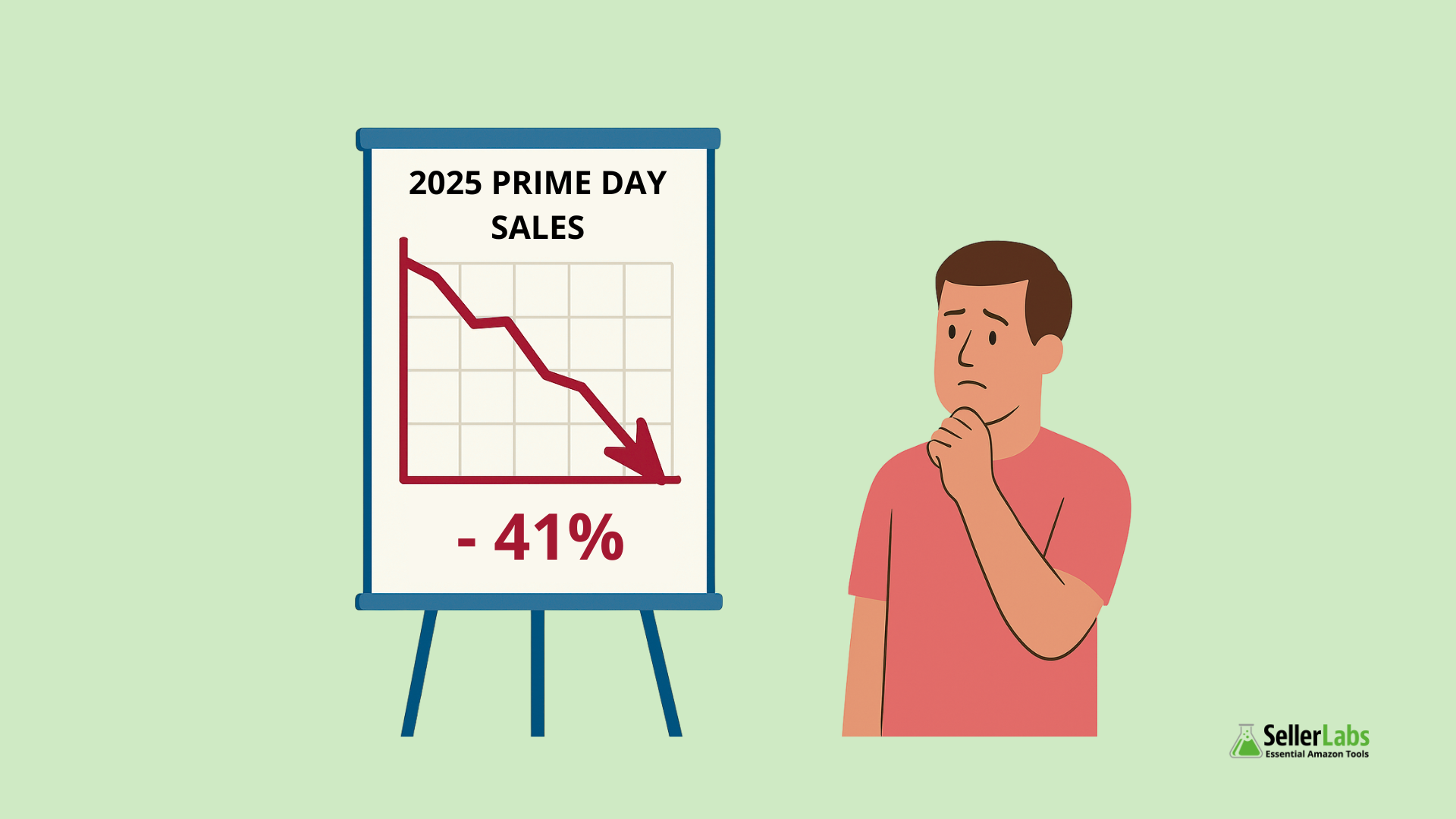 Concerned Amazon seller looks at a red downward graph showing 2025 Prime Day sales dropped by 41%
