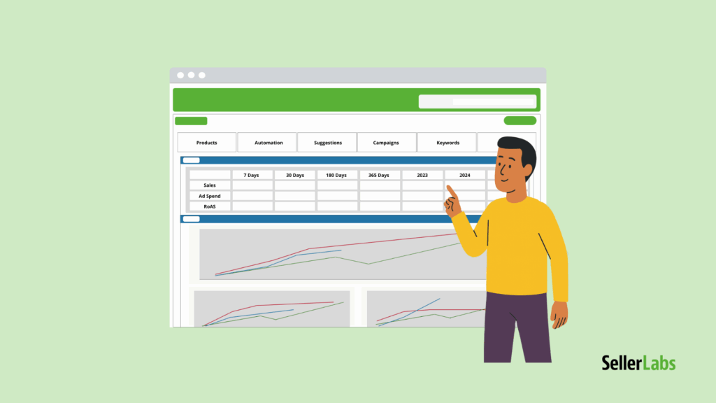 Amazon Seller showcasing the Seller Labs Ad Genius dashboard with simplified performance metrics, charts, and campaign data for Amazon PPC automation.