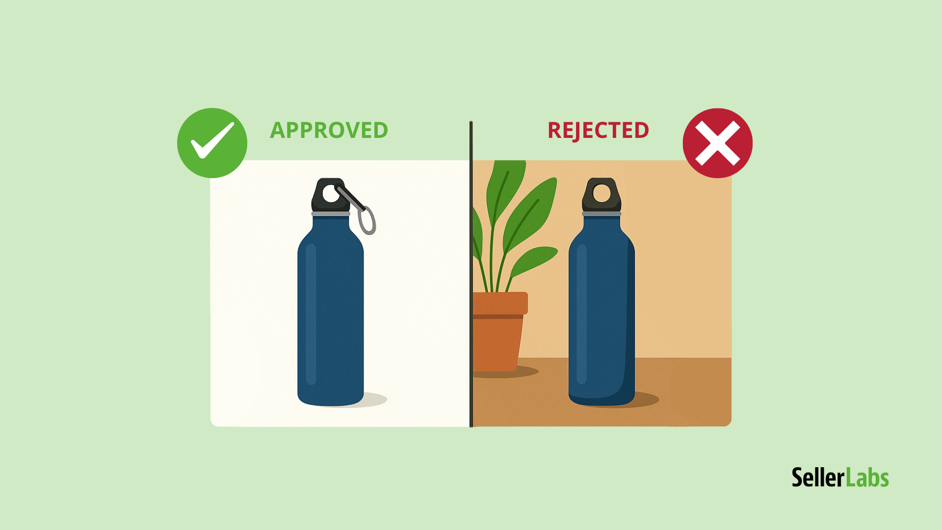 Amazon product image comparison showing an approved water bottle photo on a plain white background with a green checkmark, versus a rejected version with a cluttered background and red X, illustrating Amazon’s image requirements.