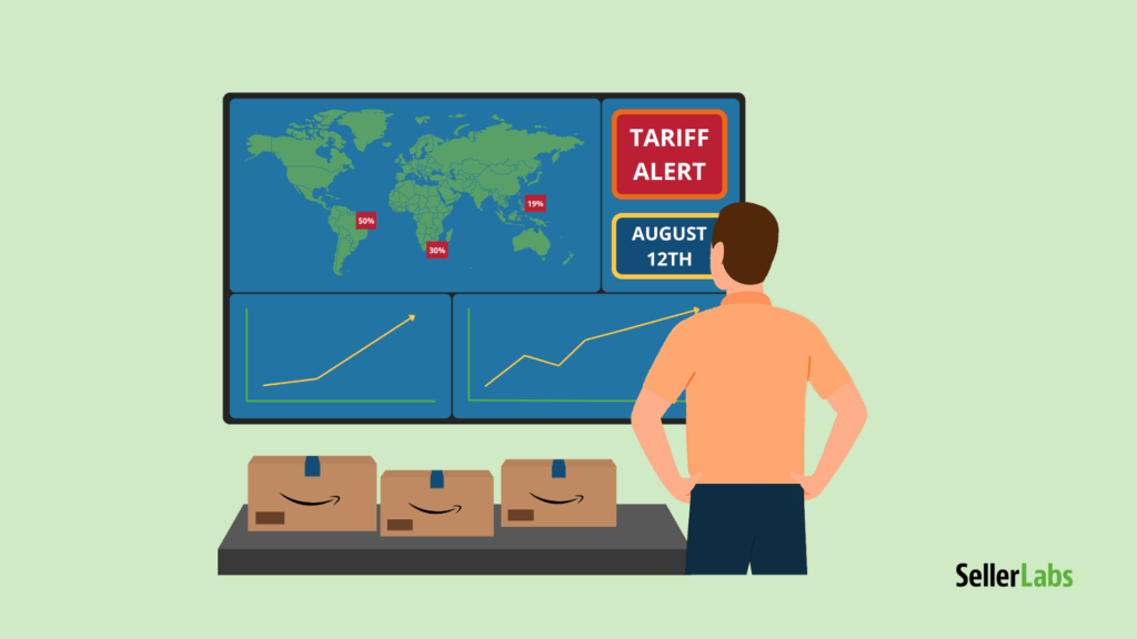 Amazon seller analyzing global tariff alerts on a digital dashboard showing 2025 import rate spikes for Brazil, South Africa, and the Philippines with an August 12 warning.