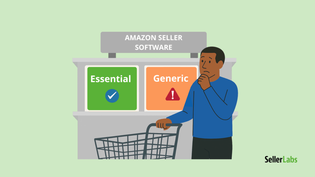 Amazon seller choosing between essential Amazon seller software with a green check mark and generic Amazon seller software with a caution symbol. Illustration shows a man with a shopping cart in front of a store shelf labeled “Amazon Seller Software.”