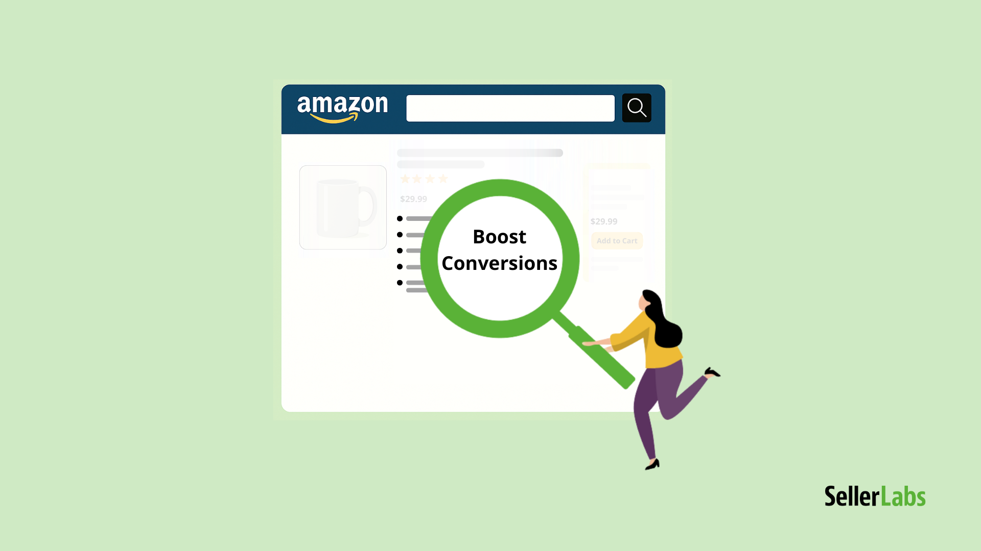 Illustration of an Amazon product listing with a magnifying glass highlighting “Boost Conversions” over the bullet points, symbolizing the importance of optimized bullet points in driving sales.