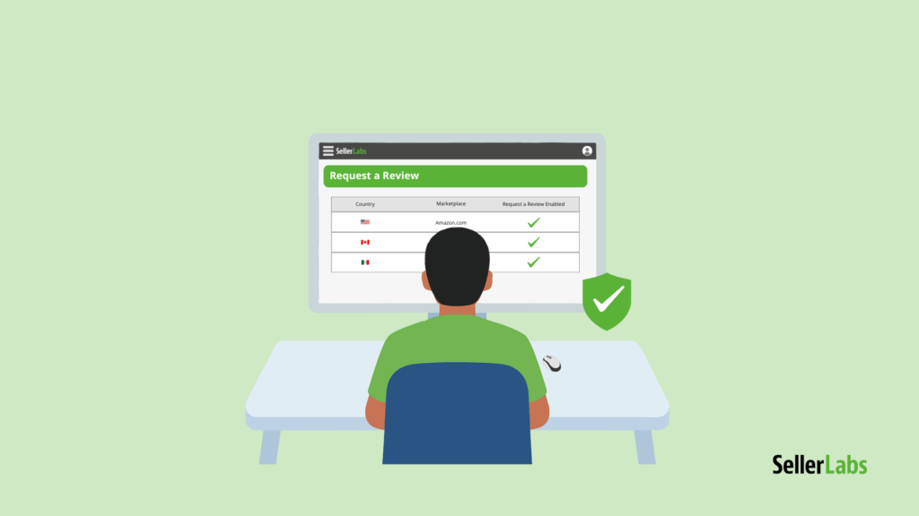 Illustration of an Amazon seller using Seller Labs Feedback Genius to automate review requests compliantly