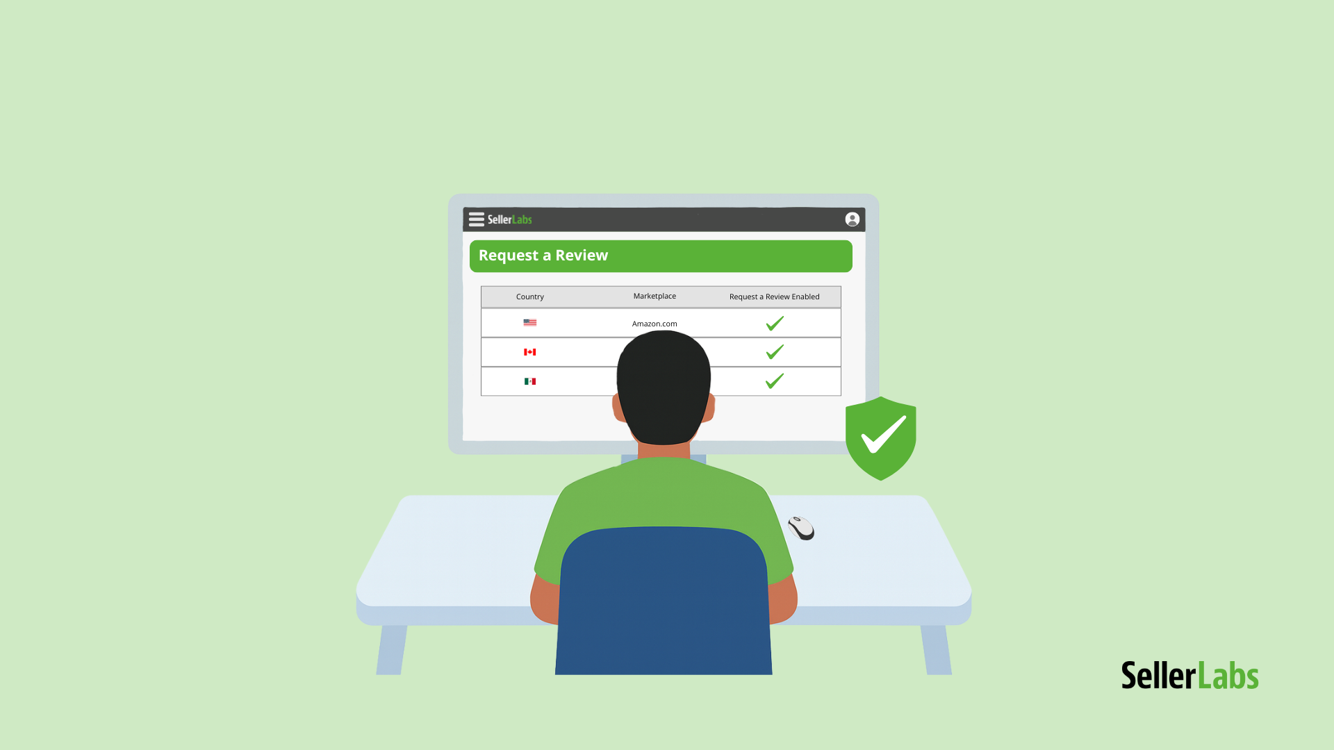 Illustration of an Amazon seller using Seller Labs Feedback Genius to automate review requests compliantly