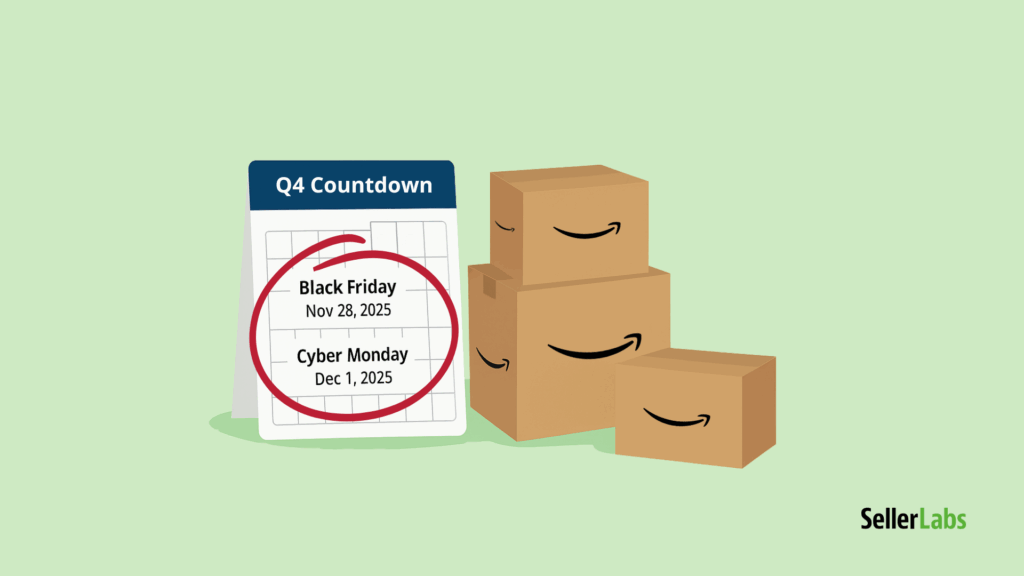 Q4 countdown calendar with Black Friday (Nov 28, 2025) and Cyber Monday (Dec 1, 2025) circled, next to stacked Amazon shipping boxes, representing Amazon FBA restock limits and inventory planning for Amazon sellers.