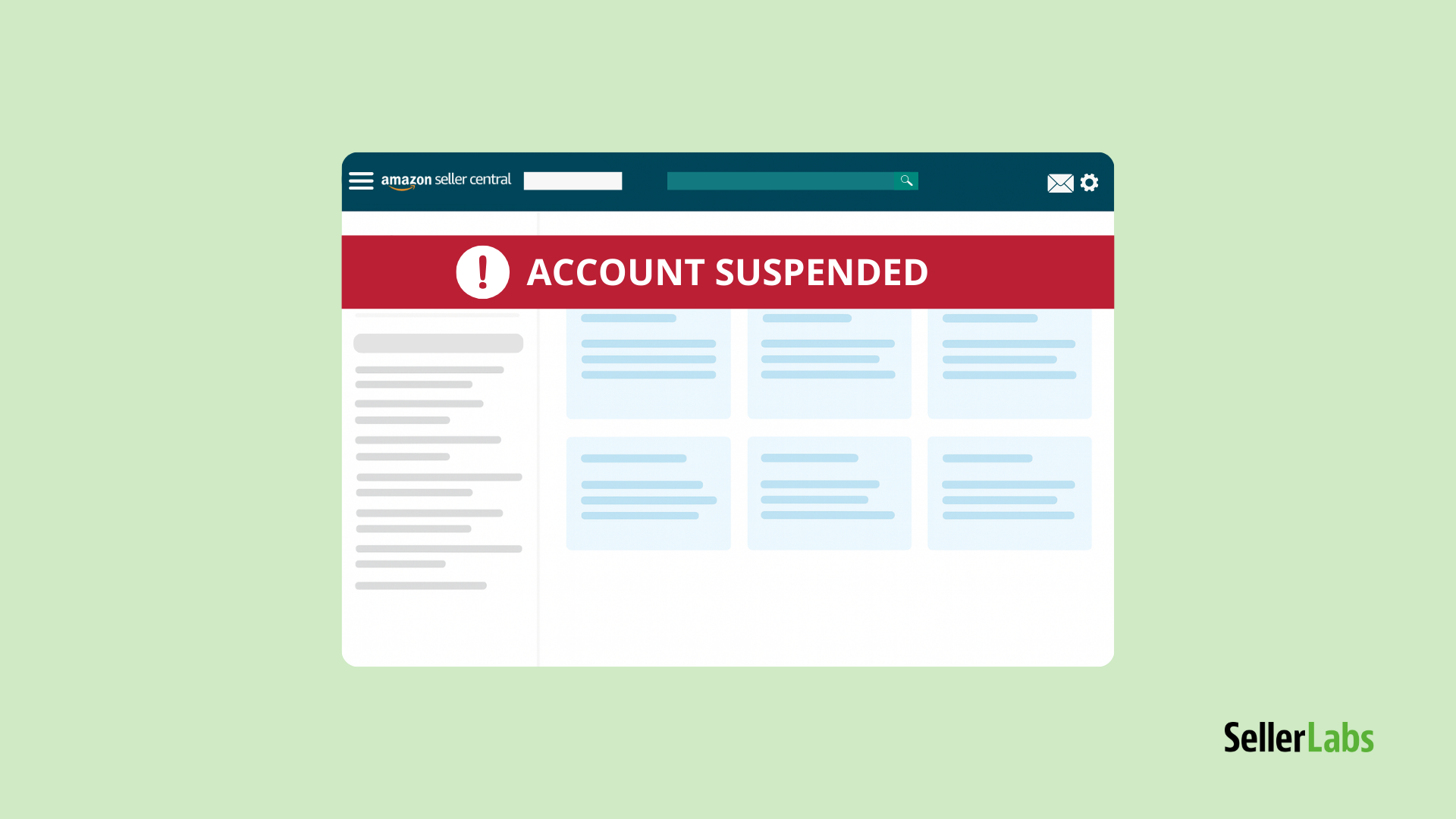 Illustration of the Amazon Seller Central dashboard with a red “Account Suspended” banner across the top showing Amazon account suspension