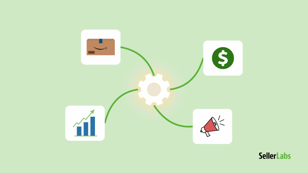 Illustration of Amazon seller automation with icons for inventory, profit, advertising, and data connected by a central gear, symbolizing automation.