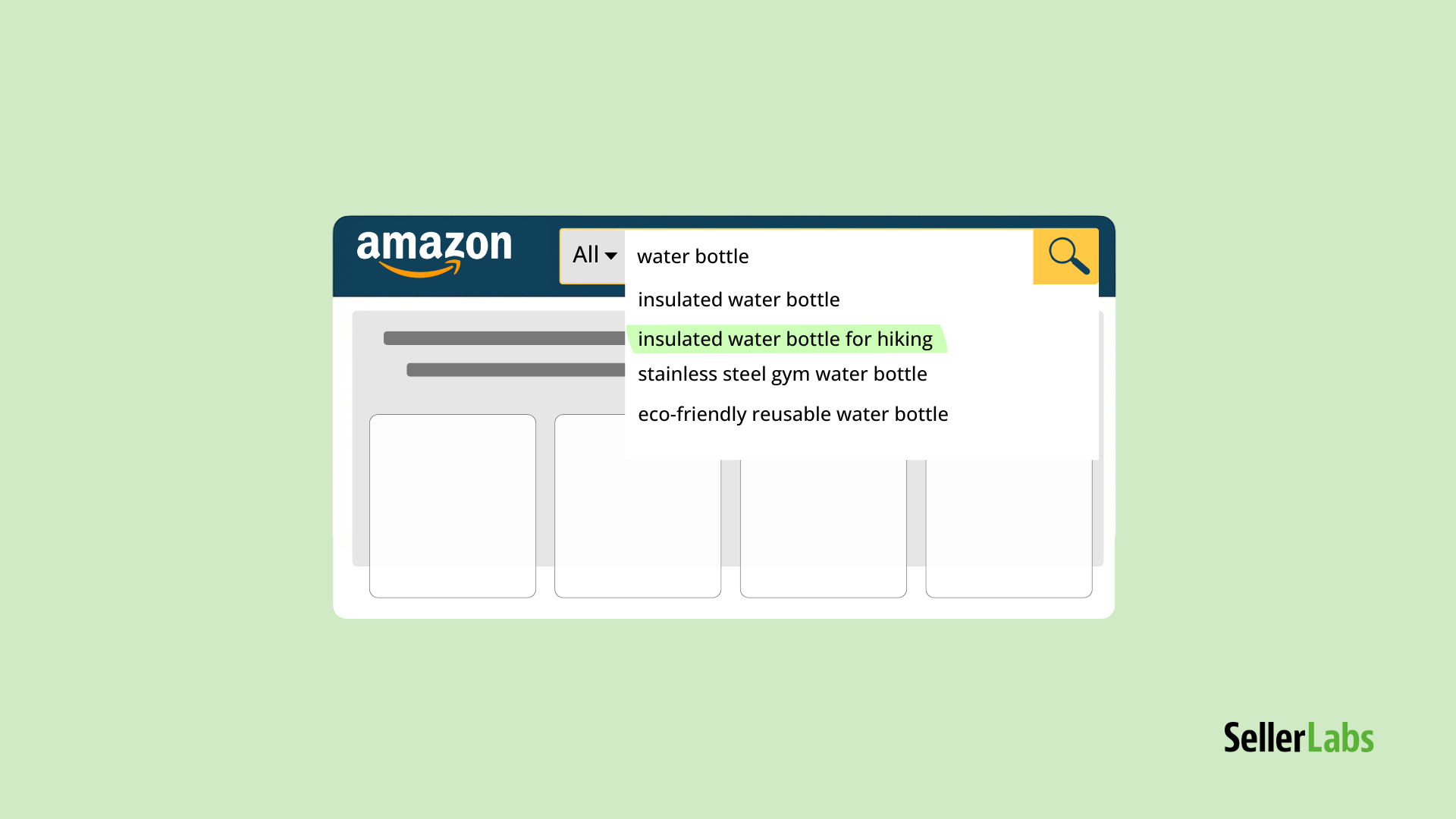 Amazon search bar with keyword suggestions highlighting ‘insulated water bottle for hiking’ to represent PPC keyword targeting in 2025