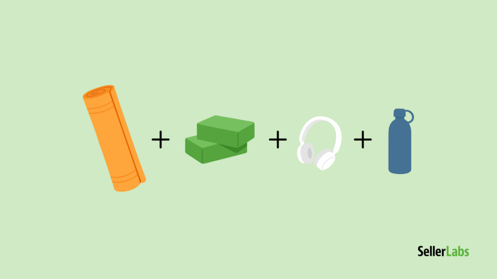 Illustration of a yoga mat, yoga blocks, headphones, and a water bottle shown side by side with plus signs, symbolizing an Amazon virtual bundle.