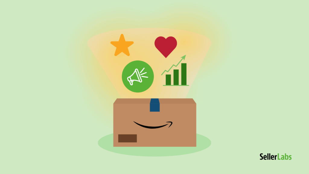 Amazon shipping box with icons of a heart, star, megaphone, and growth chart glowing from the box, symbolizing brand loyalty, reviews, promotion, and growth.