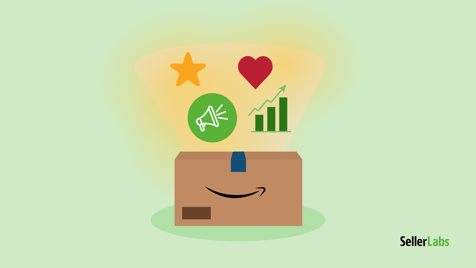Amazon shipping box with icons of a heart, star, megaphone, and growth chart glowing from the box, symbolizing brand loyalty, reviews, promotion, and growth.