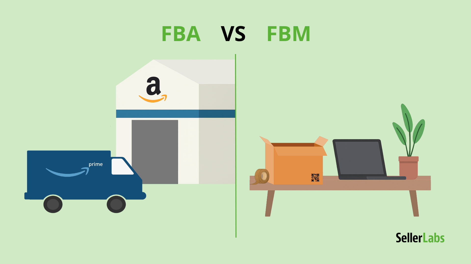 Comparison illustration showing Amazon FBA with a Prime truck and warehouse versus FBM with a home office and shipping box, representing two fulfillment methods for sellers.