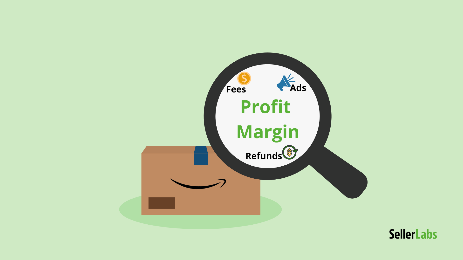 Amazon profit tracking illustration with magnifying glass showing hidden costs like fees, ads, and refunds, highlighting true profit margin.