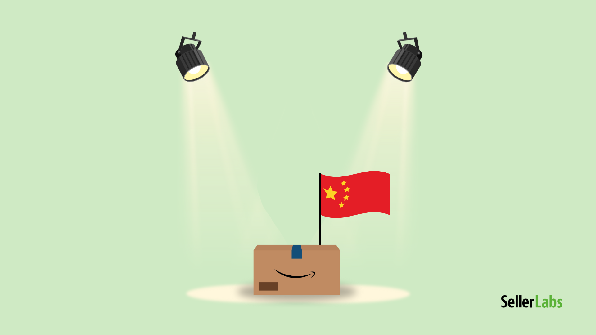 Amazon package with Chinese flag under two spotlights, representing increased tax scrutiny for Chinese Amazon sellers.