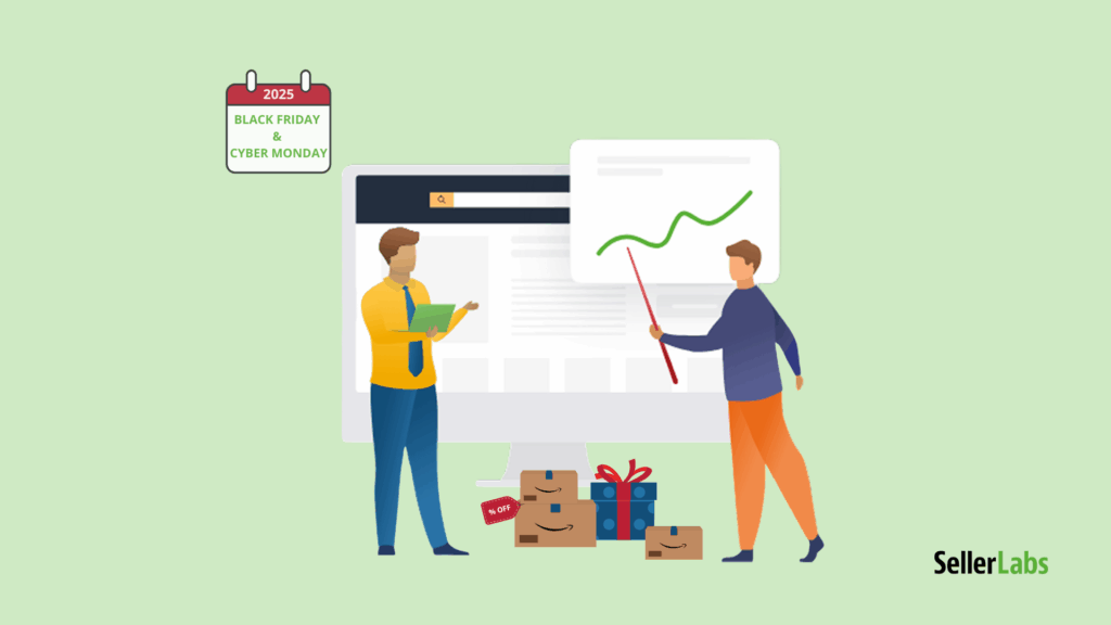 Amazon sellers analyzing a sales growth chart for Black Friday and Cyber Monday 2025, surrounded by Amazon packages and discount tags