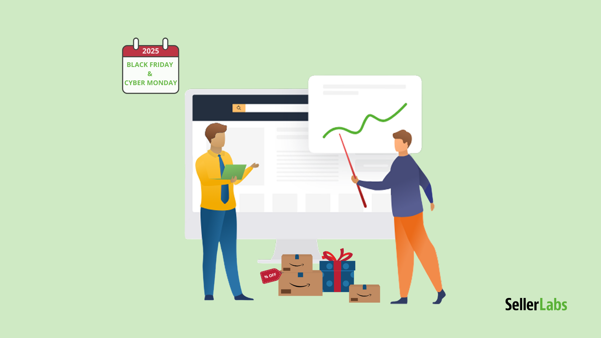 Amazon sellers analyzing a sales growth chart for Black Friday and Cyber Monday 2025, surrounded by Amazon packages and discount tags