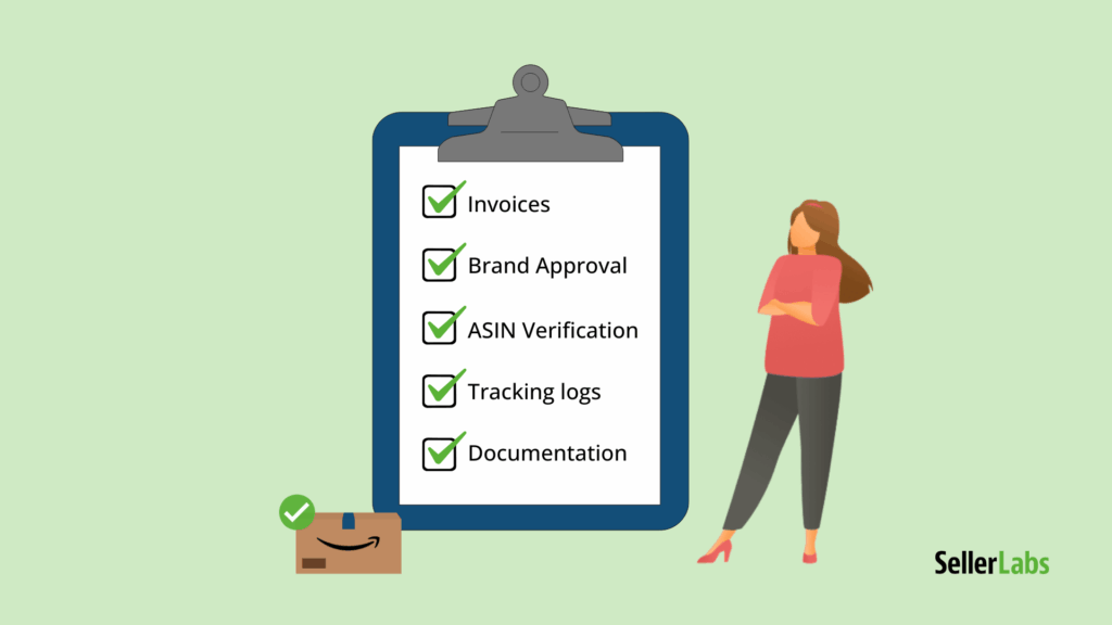 Amazon seller reviewing a compliance checklist with invoices, brand approval, ASIN verification, tracking logs, and documentation next to an Amazon shipping box, illustrating how to prevent counterfeit claims.