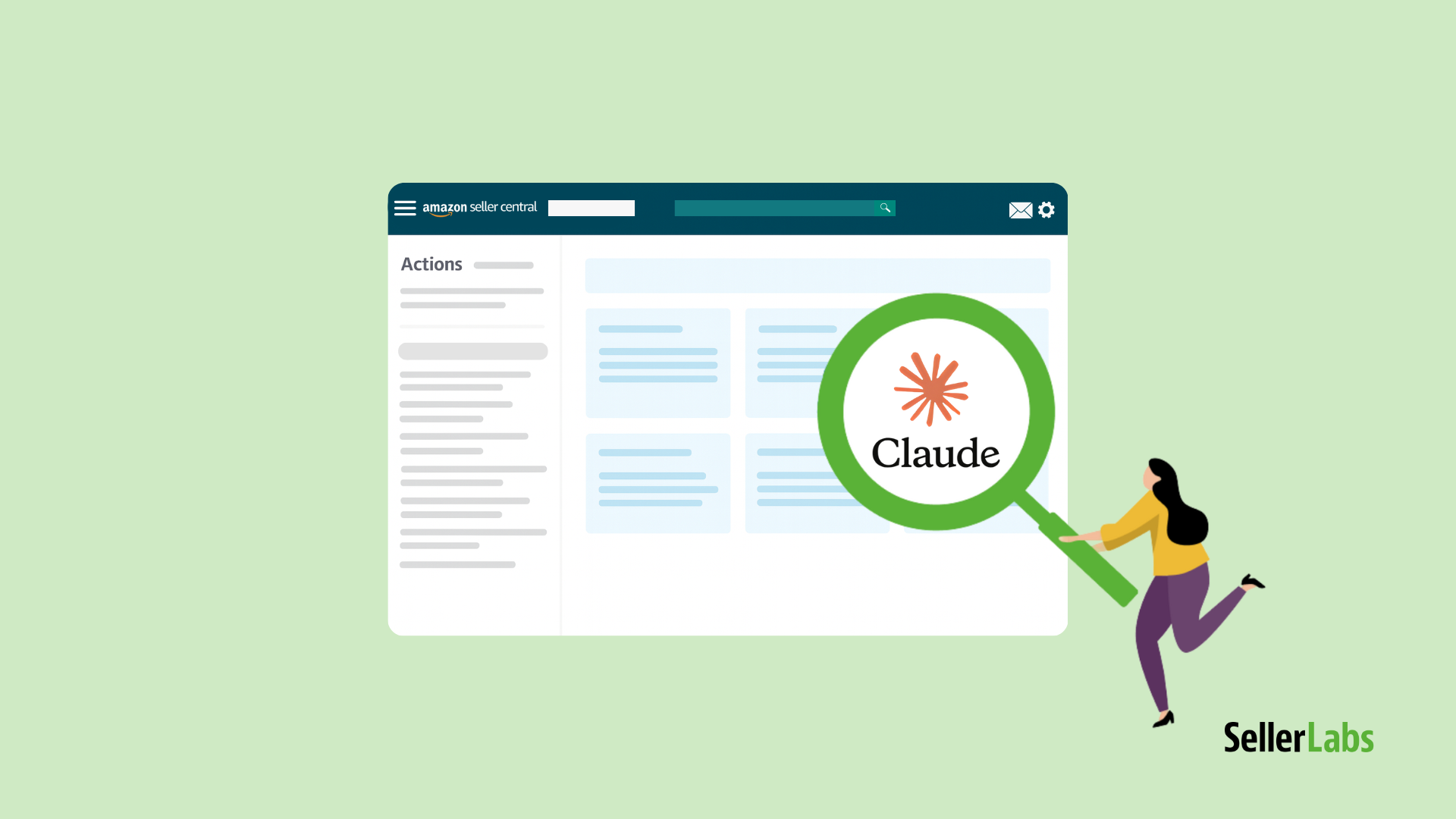 Amazon Seller Central dashboard with a magnifying glass highlighting the Claude AI logo, symbolizing how Seller Labs helps sellers uncover insights using AI.