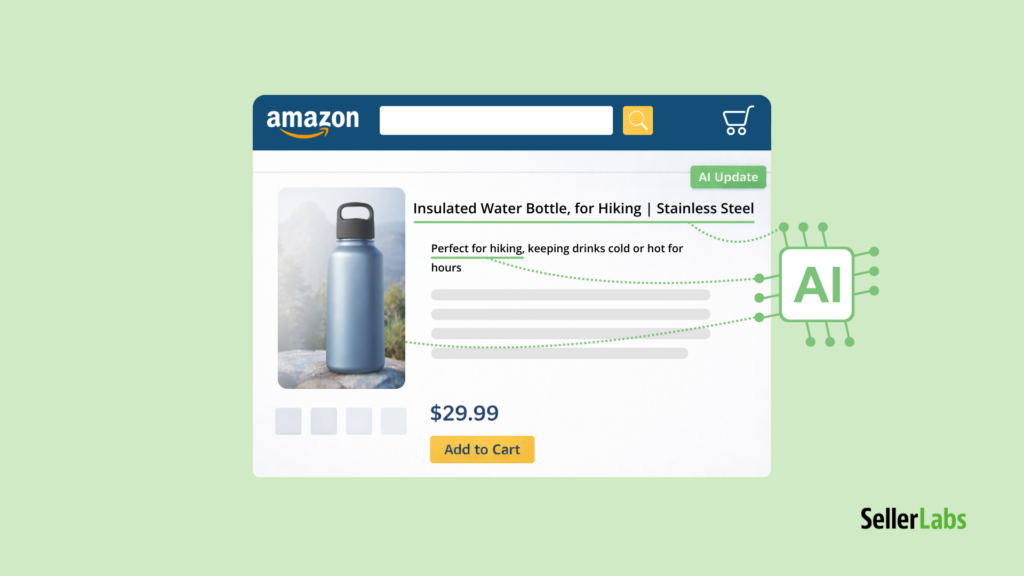 Amazon Project Starfish illustration showing AI updating a product listing with automated changes to the title and description.