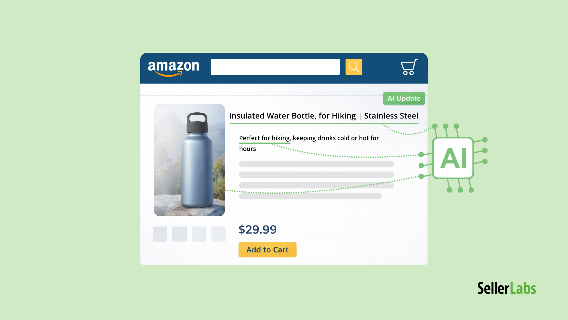 Amazon Project Starfish illustration showing AI updating a product listing with automated changes to the title and description.