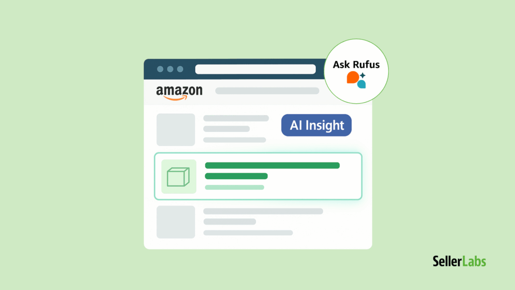 Amazon search page illustration showing Rufus AI insights highlighting an optimized product listing