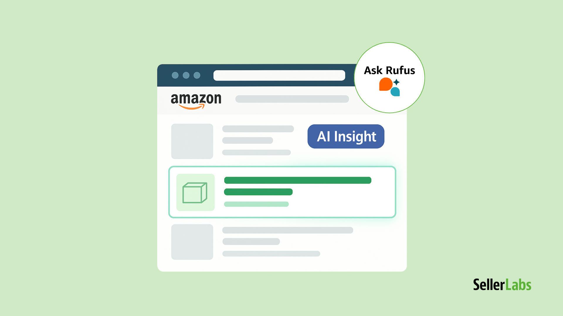 Amazon search page illustration showing Rufus AI insights highlighting an optimized product listing